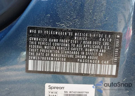 2019 Volkswagen Jetta 1.4T R-Line/1.4T S/1.4T Se from USA, damaged, VIN 3VWC57BU9KM194158
